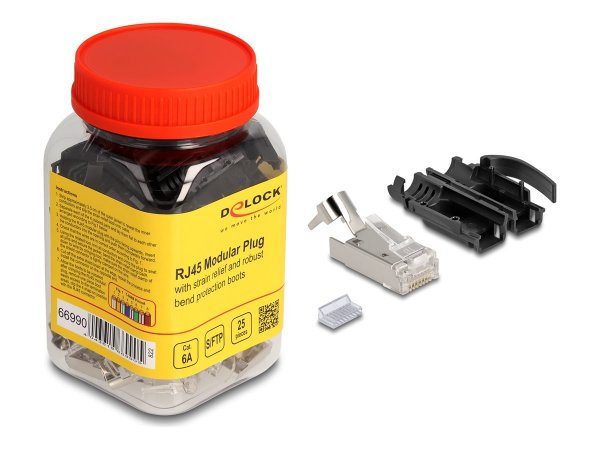 Delock RJ45 maschio modulare con scarico della trazione Cat.6A e robusta custodia di protezione anti