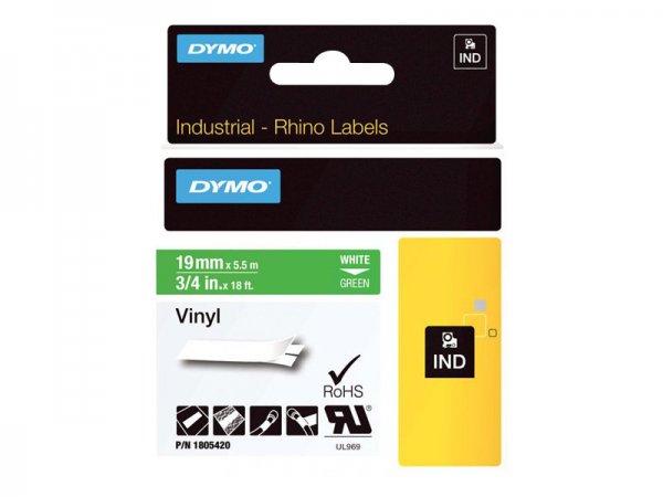 Dymo Rhino Etichette in vinile industriale | 19 mm x 5,5 m | Stampa bianca su verde | Autoadesive |