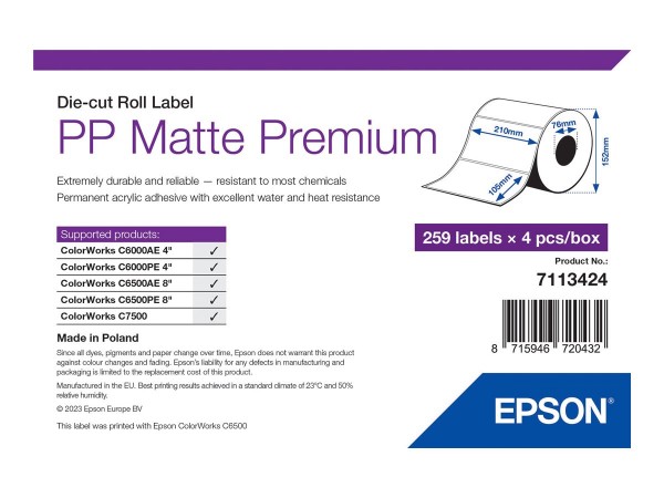 Epson 7113424 - Bianco - Etichetta per stampante autoadesiva - Etichetta fustellata - Rotolo - Ad in