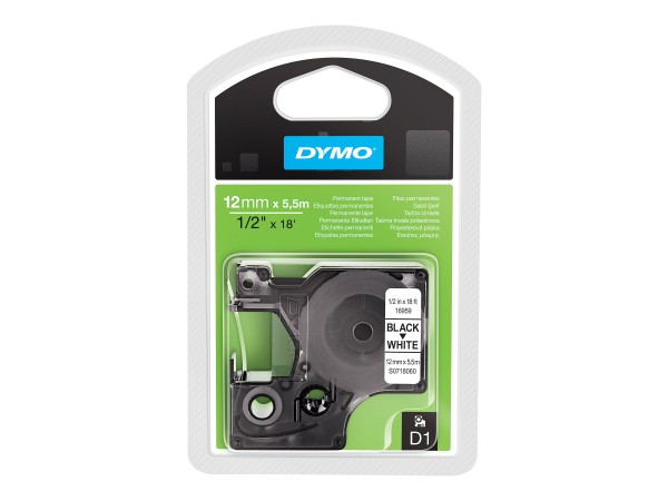 Dymo D1 Etichette Permanenti in Poliestere | Rotolo da 12 mm x 5.5 m | stampa nera su bianco | etich