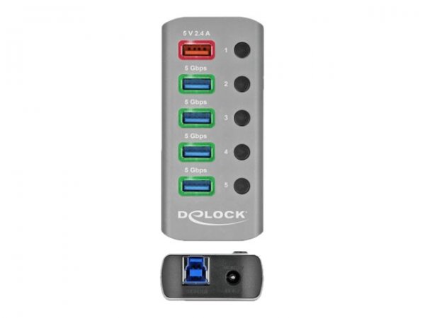 Delock Hub USB 5 Gbps con 4 porte + 1 porta di ricarica rapida con interruttore e illuminazione - US