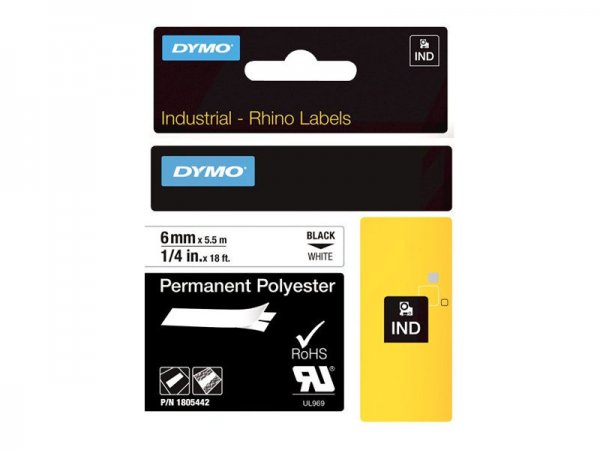 Dymo Rhino Etichette in poliestere permanenti industriali | 6 mm x 5,5 m | Stampa nera su bianco | A