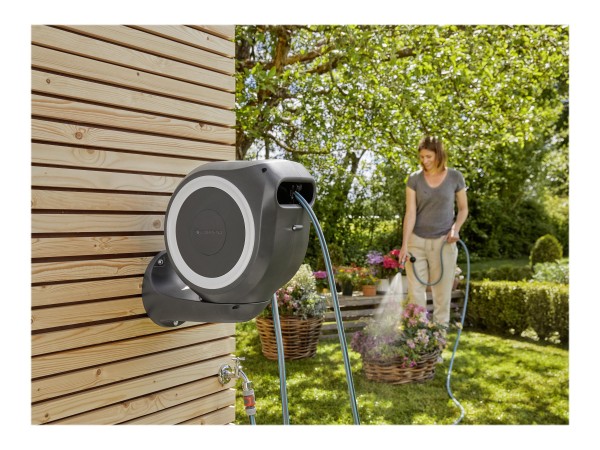 Gardena RollUp M - Rocchetto montato a muro - Automatico - Funzionale - Nero - Blu - Grigio - Montab