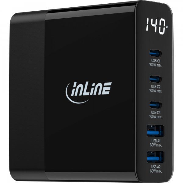 InLine InLineAlimentatore USB PD - caricatore GaN - 5 porte - USB-C+USB-A - 140W - display