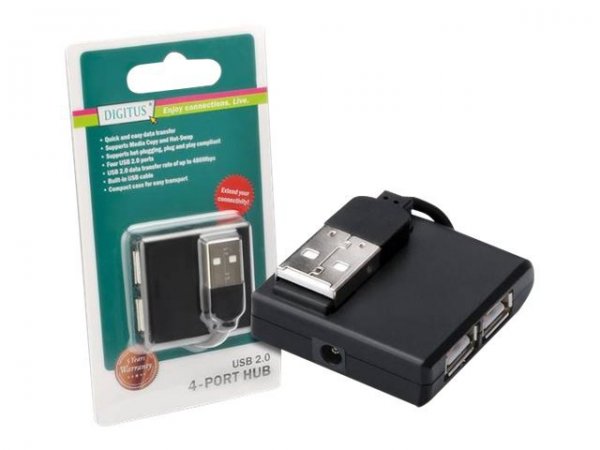 DIGITUS Hub a 4-Porte ® USB 2.0 ad alta velocità - USB 2.0 - 480 Mbit/s - Nero - Cina - 40 mm - 39 m