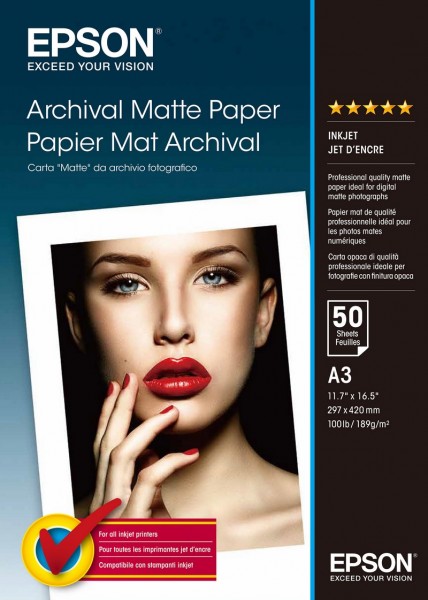 Epson Carta "matte" da archivio fotografico - Opaco - 189 g/m² - A3 - Bianco - 50 fogli - SureColor
