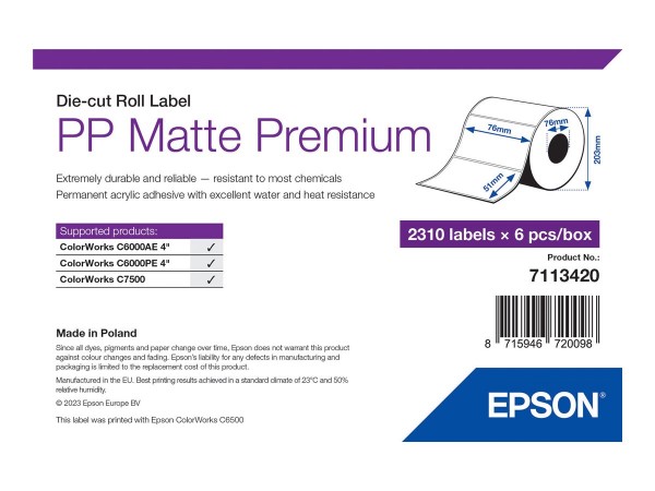 Epson 7113420 - Bianco - Etichetta per stampante autoadesiva - Etichetta fustellata - Rotolo - Ad in