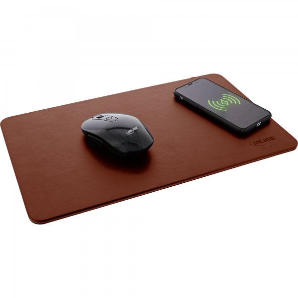 InLine Tappetino mouse - ric. wireless (Qi) - pelle sint. - 370x225x7mm - marrone
