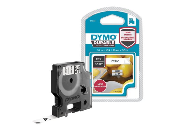 Dymo D1 etichette durevoli originali | 12 mm x 5 mm | stampa bianca su nero | etichette autoadesive