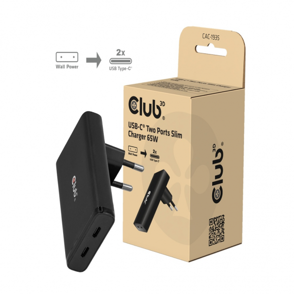 Club 3D USB-C 2-Port Ladegerät Slim 65W GaN PD3.1 PPS - Caricabatteria