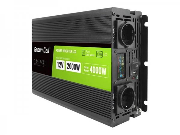 Green Cell Przetwornica napicia PowerInverter LCD 12 V 2000W/40000W Przetwornica samochodowa z wywie