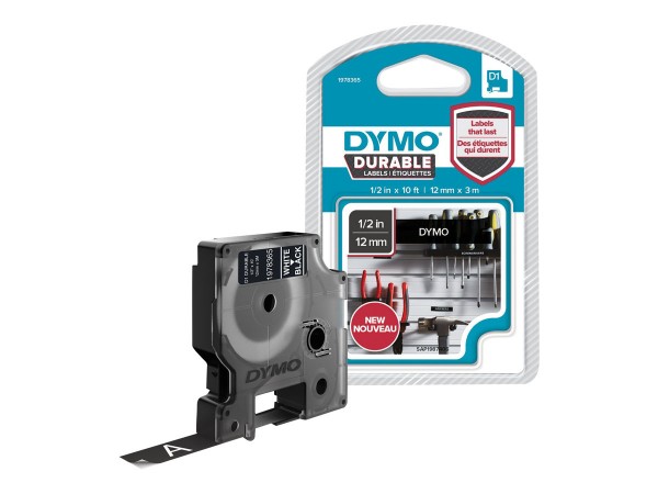 Dymo D1 etichette durevoli originali | 12 mm x 3 mm | stampa bianca su nero | etichette autoadesive
