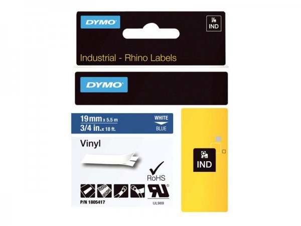 Dymo Rhino Etichette in vinile industriale | 19 mm x 5,5 m | Stampa bianca su blu | Autoadesive | pe