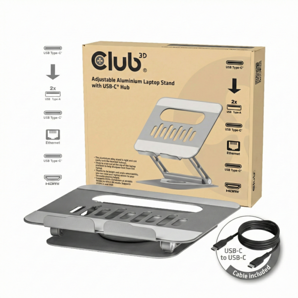 Club 3D Adjustable Aluminium Laptop Stand with USB-C Hub 4K60Hz 100W 360