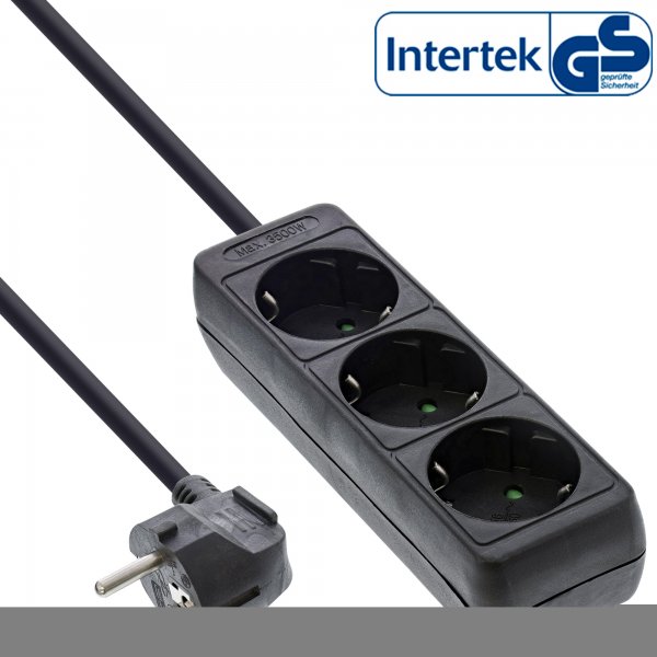 InLine Multipresa - 3x Shucko - con sicura - nero - cavo 1,5m,