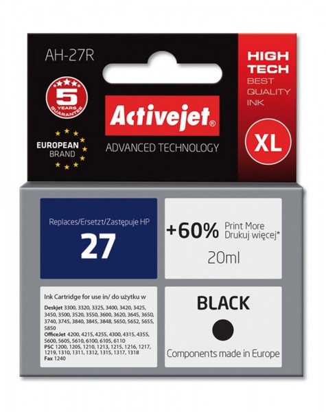 Activejet AH-27R Ink replacement for HP 27 C8727A Premium black - Ricarica - Rinnovato