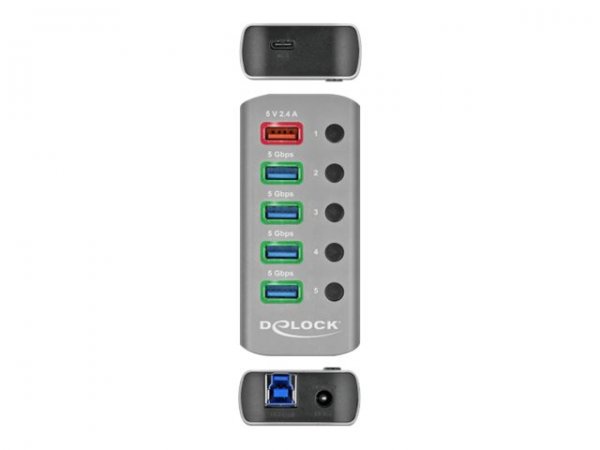 Delock Hub USB 5 Gbps con 4 porte + 1 porta di ricarica rapida + 1 porta USB-C PD 3.0 con interrutto