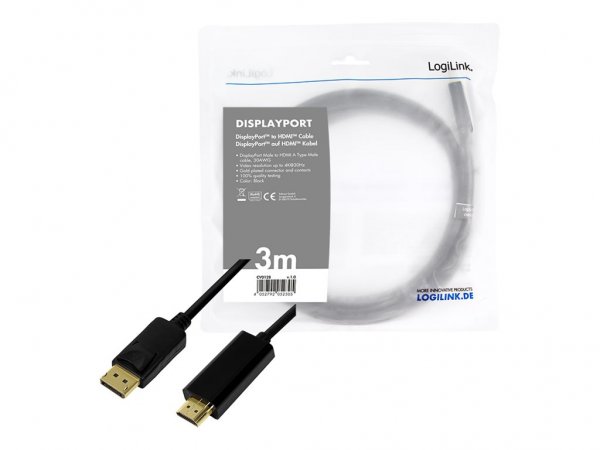 LogiLink CV0128 - 3 m - DisplayPort - HDMI tipo A (Standard) - Maschio - Maschio - Dritto