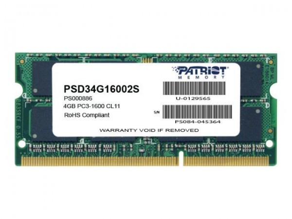 PATRIOT Memory Signature Line PSD34G16002S - 4 GB - 1 x 4 GB - DDR3 - 1600 MHz - 204-pin SO-DIMM