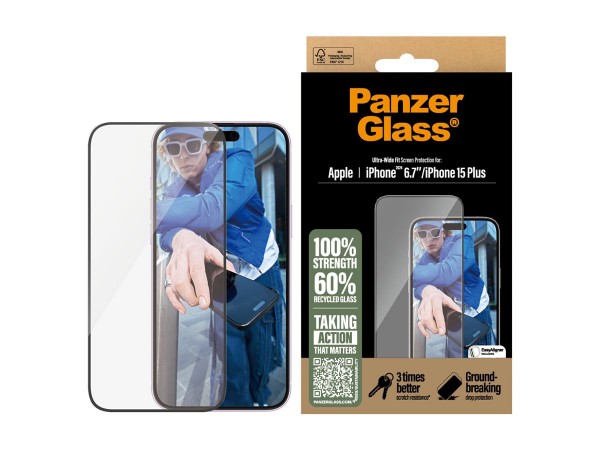 PanzerGlass Displayschutz für iPhone 16 Plus & 15 - Ultra-Wide
