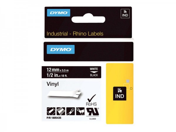 Dymo Rhino Etichette in vinile industriale | 12 mm x 5,5 m | Stampa bianca su nero | Autoadesive | p