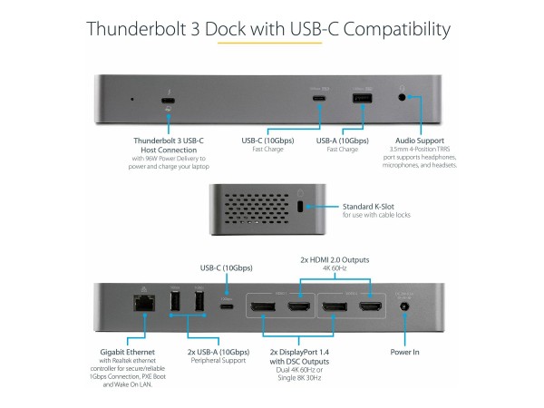 StarTech.com Dock Thunderbolt 3 compatibile con USB-C - Doppio monitor DisplayPort 1.4 4K 60Hz o dop