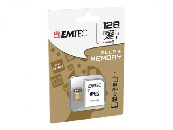 EMTEC microSD Class10 Gold+ 128GB - 128 GB - MicroSDXC - Classe 10 - 85 MB/s - 21 MB/s - Nero - Oro