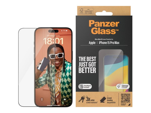 PanzerGlass Pellicola in Vetro Temperato iPhone 15 Pro Max | Ultra-Wide Fit con applicatore incluso