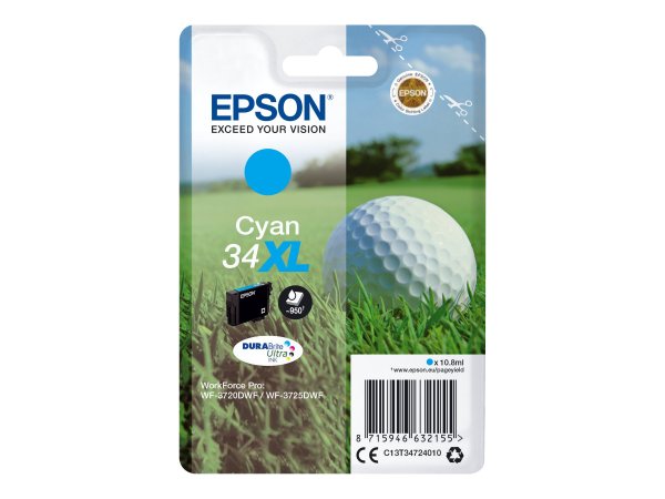 Epson Golf ball Singlepack Cyan 34XL DURABrite Ultra Ink - Resa elevata (XL) - Ciano - 10,8 ml - 1 p