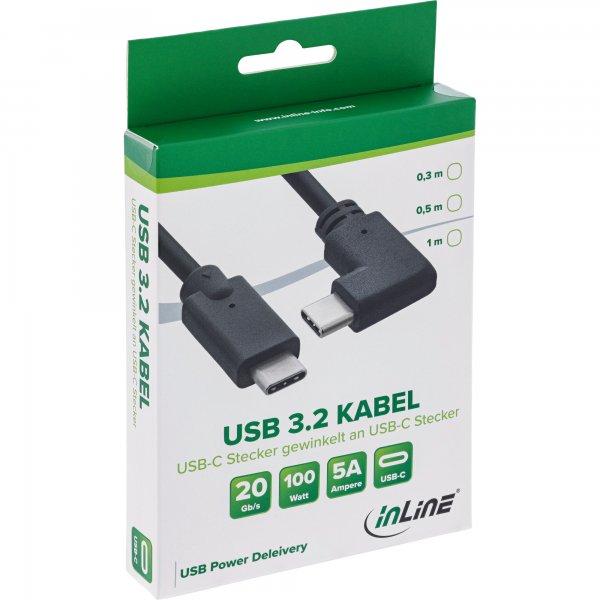 InLine Cavo USB-C angolato - USB 3.2 Gen.2x2 - 20Gb/s - 100W - nero - 0,5m
