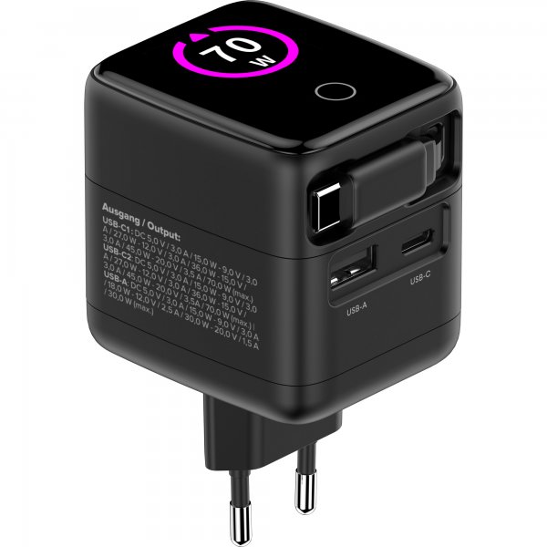 InLine Alimentatore USB - 70W - GaN - USB-C PD + USB-A QC - cavo 60cm - nero