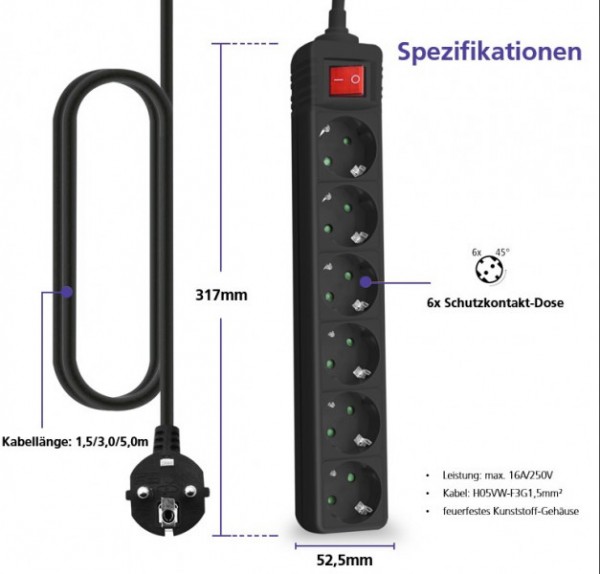 Helos Steckdosenleiste CLASSIC 6-fach schwarz mit Schalter - Strip alimentazione