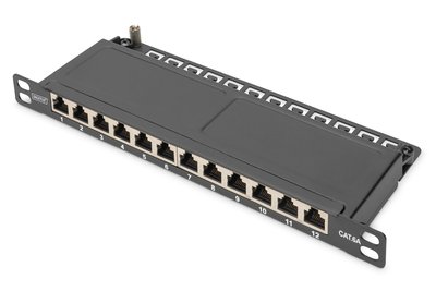 DIGITUS Pannello patch sottile CAT 6A - schermato - 12 porte - 0,5 U - 10" - nero - IEEE 802.3af - I