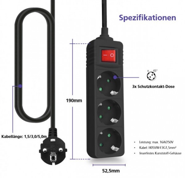 Helos Steckdosenleiste CLASSIC 3-fach schwarz - Strip alimentazione