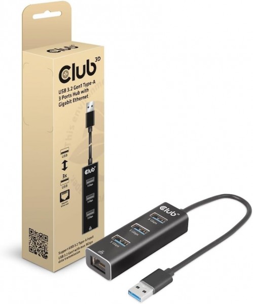 Club 3D USB 3.2 Gen1 Type-A - 3 Ports Hub with Gigabit Ethernet - Cablato - USB 3.2 Gen 1 (3.1 Gen 1