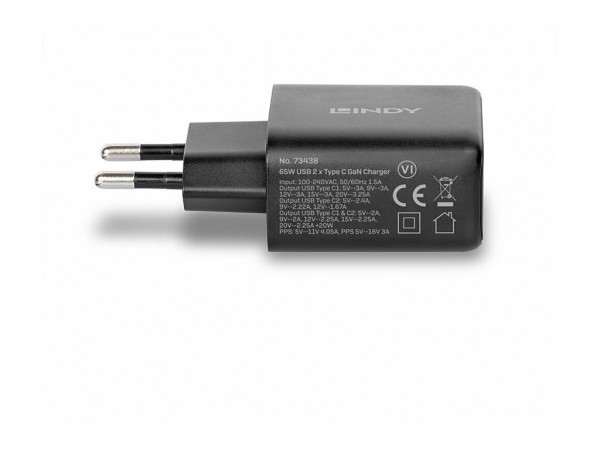Lindy 65W USB 2 x Typ C GaN Charger - Caricabatteria