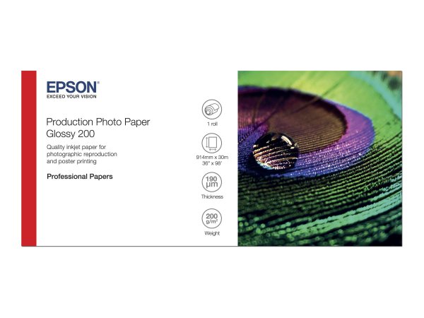 Epson Production Photo Paper Glossy 200 36" x 30m - Lucida - 200 g/m² - Ad inchiostro - Bianco - Fot