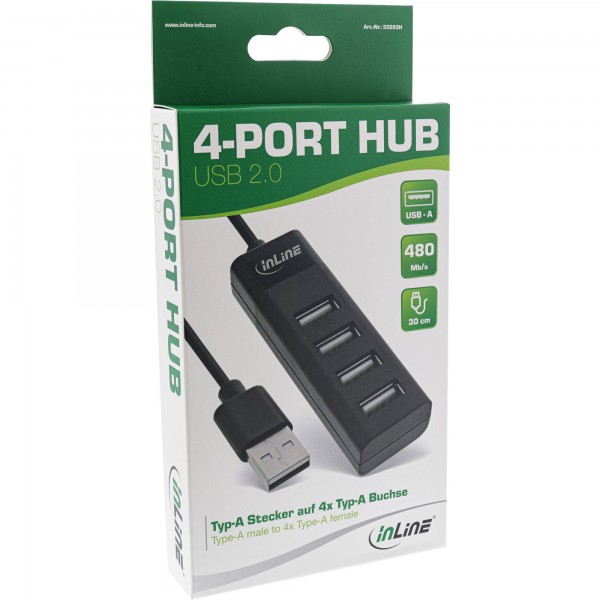 InLine USB 2.0 hub a 4 porte - tipo A maschio a 4x femmina - nero - 30cm - sottile