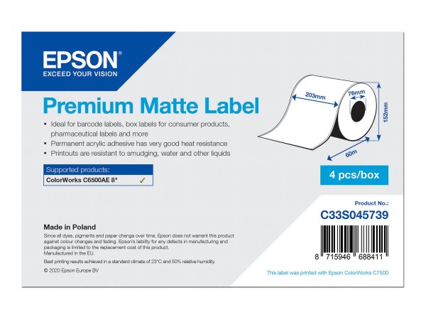 Epson Premium Matte Label - Continuous Roll: 203mm x 60m - Bianco - Etichetta continua - Ad inchiost