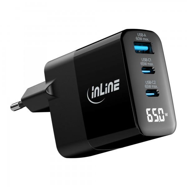 InLine InLineAlimentatore USB PD - caricatore GaN - 3 porte - USB-C + USB-A - 65W - display