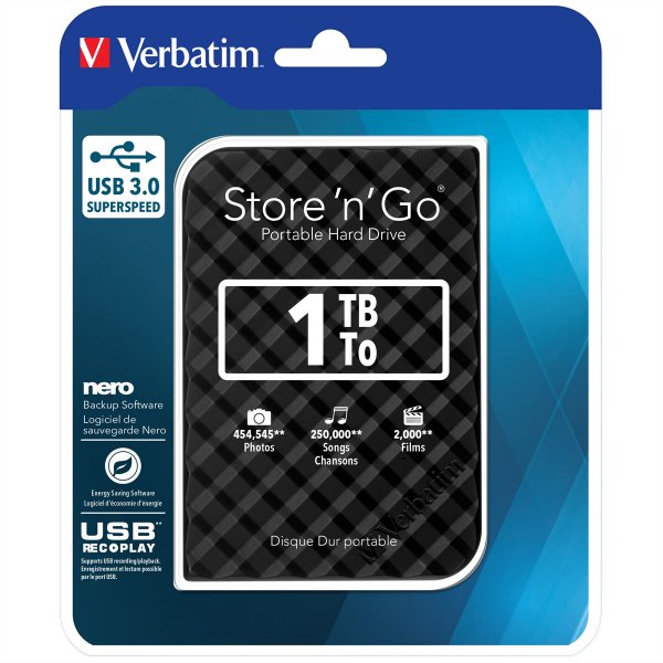 Verbatim Disco rigido portatile Store 'n' Go USB 3.0 da 1 TB Nero - 1 TB - 3.2 Gen 1 (3.1 Gen 1) - 5