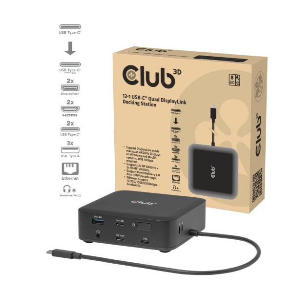 Club 3D CSV-2542 Usb C Docking Station Quad Monitor 4K 60Hz 12 in 1 100W PD Charging 2.5G