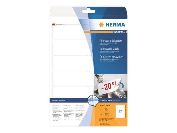 HERMA 4348 - Bianco - Etichetta per stampante autoadesiva - A4 - Carta - Laser/Inkjet - Rimovibile