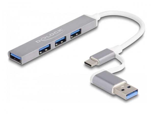 Delock Slim USB Hub mit Type-C oder Typ-A zu 3 x 2.0 Buchse+ 1