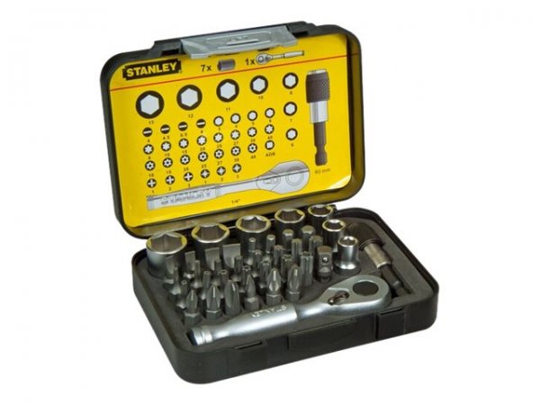 Black & Decker 1/4 Bit-Satz 25mm mit Mini-Umschaltknarre und Steckschlüsseln 39-teilig