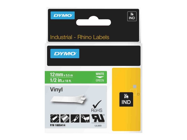 Dymo Rhino Etichette in vinile industriale | 12 mm x 5,5 m | Stampa bianca su verde | Autoadesive |