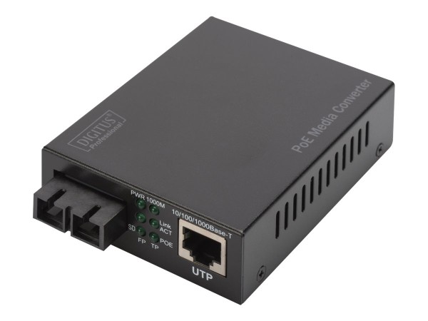 DIGITUS Convertitore multimediale Gigabit PoE - RJ45 / SC - SM - PSE - 1000 Mbit/s - 100Base-TX - 1