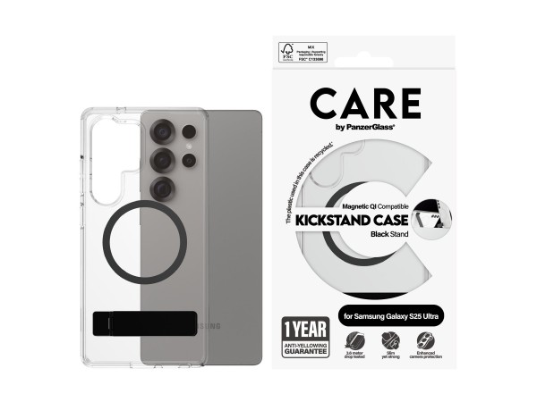 PanzerGlass CARE Feature Case Clear w. Kickstand & Qi Galaxy S25 Ultra