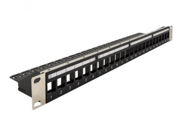 Delock Panello patch Keystone da 19? a 24 porte con pressacavo nero - Nero - Argento - Metallo - Pla