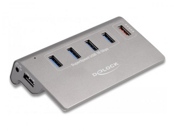 Delock Hub USB 10 Gbps con 4 porte USB Tipo-A + 1 porta di ricarica veloce con alimentatore - USB 3.